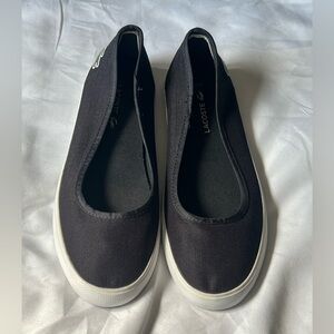 Lacoste Black Canvas Slip-On Flats with White Sole